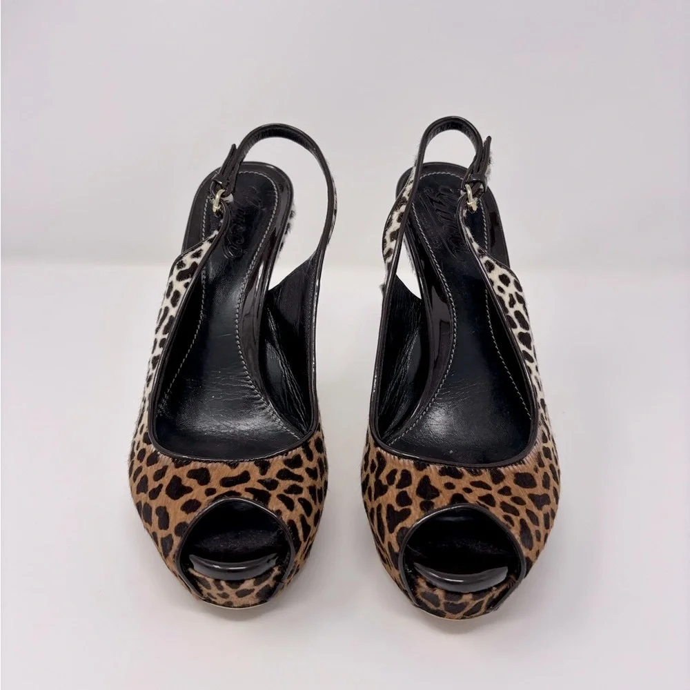 Gucci Sofia Leopard Print Calf Hair Platform Peep Toe Slingback Pumps Heels - Picture 3 of 10